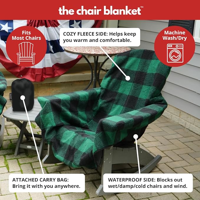 The Chair Blanket – Reversible, Waterproof & Sherpa-Lined - Stretchable Elastic Back - Original Patio Chair Cover – Ideal for Homes and Outdoor Furniture- with Carry Pouch (Green Plaid)