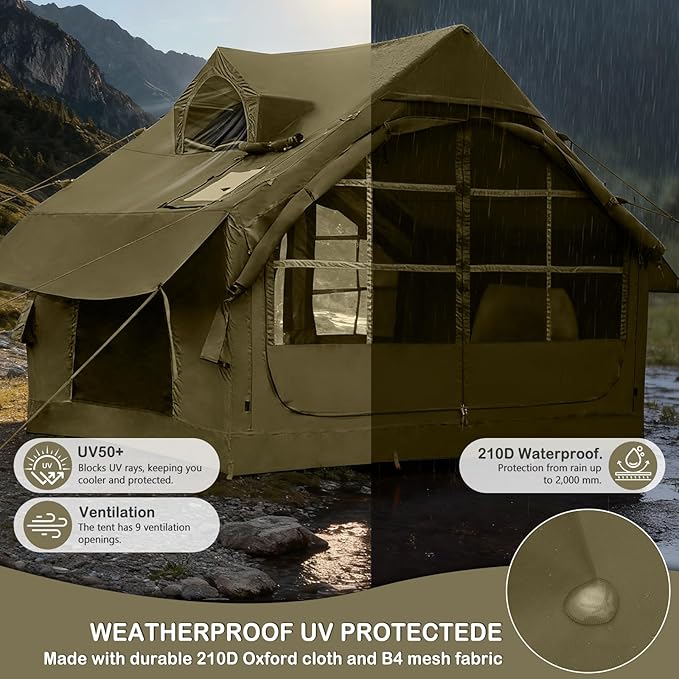 Inflatable Tents with Hand Pump Hot Tent with Stove Jack Easy Blow Up Glamping Tent with Mesh Windows, 4-6 Person Instant Family Camping Tents Waterproof for 4 Seasons