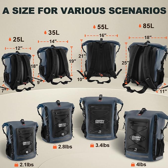 Waterproof Backpack Dry Bag 25L/35L/55L/85L – Heavy Duty Roll-Top Hiking Backpack Sack Keeps Gear Dry for Travel, Kayaking, Boating, Camping, Rafting and Fishing
