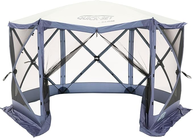 CLAM Escape 11.5' Pop-Up Screen Tent – Blue Outdoor Camping Gazebo Canopy with No-See-Um Mesh, Carry Bag & Stakes – 6-Sided Portable Shelter for Camping, Picnics, & Events – Fast 45-Second Setup