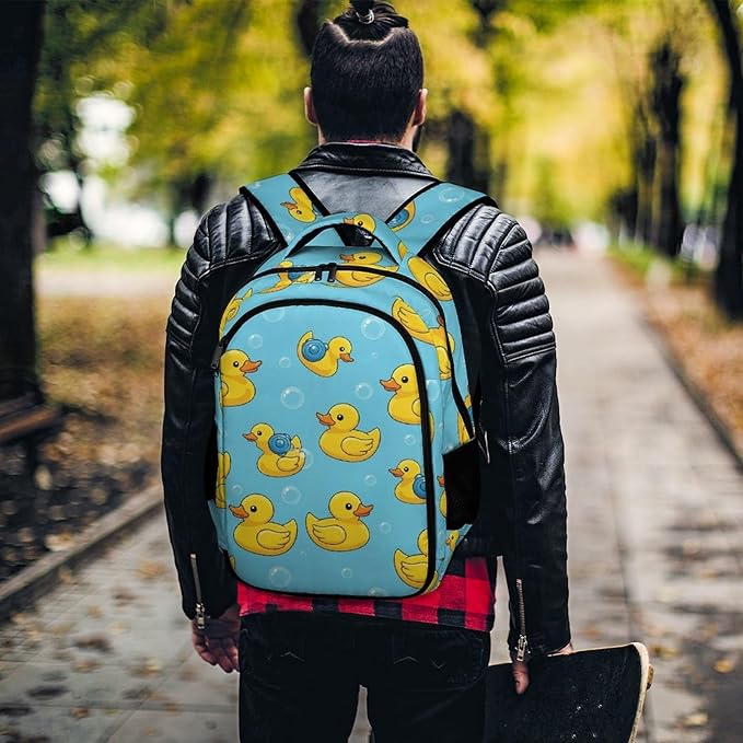 Cute College Laptop Backpack Cute Funny Blue Bubbles Yellow Rubber Ducks, Sturdy Travel Business Bag with Tumbler Holder Gifts for Nurse Teacher Women