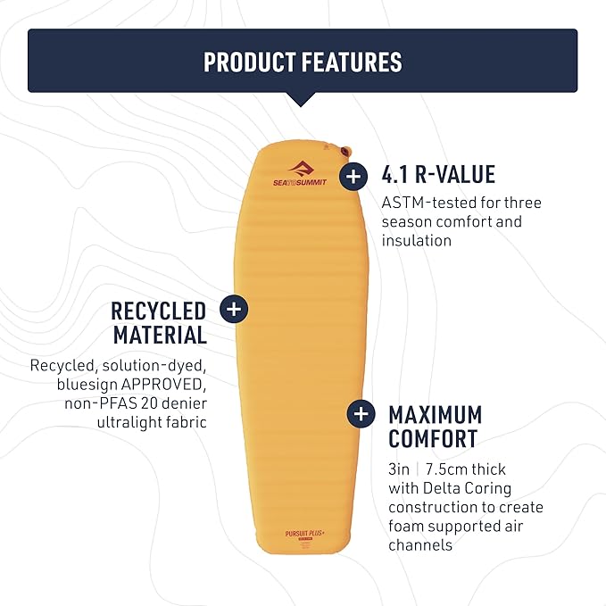 Sea to Summit Pursuit Plus Extra-Thick Self-Inflating Sleeping Mat for Camping and Backpacking, Tapered - Large (78 x 25 x 3 inches)
