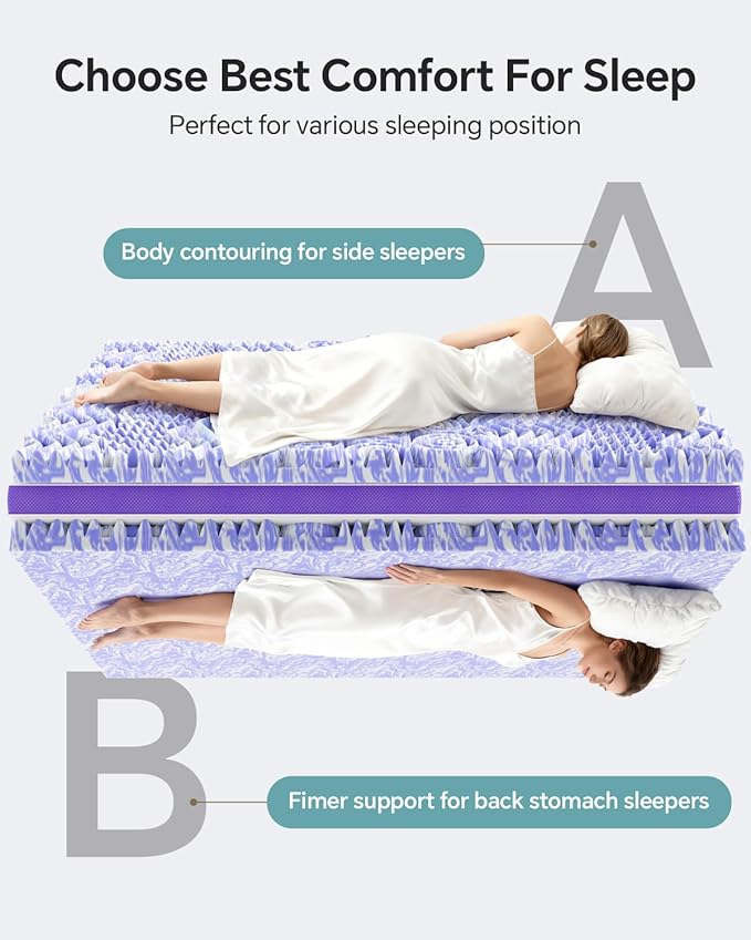Dual Layer 4 Inch Memory Foam Mattress Topper Queen - 2 Inch Gel Memory Foam and 2 Inch Pillow Top Mattress Pad, 7-Zone Egg Crate Queen Size Mattress Topper (White)