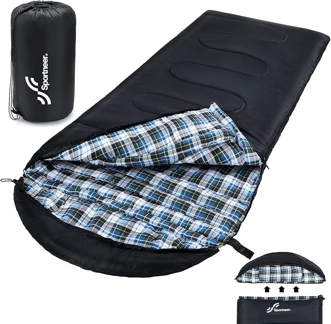 Sportneer Sleeping Bags for Adults, 0 Degree Sleeping Bag XL Flannel Winter Cold Weather Sleeping Bag with Detachable Hood Compression Sack for Camping, Backpacking, Hiking