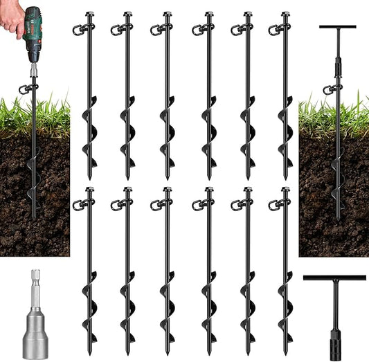 12 Pack Ground Anchor Heavy Duty Earth Anchors with T Handle Hex Wrench & Power Nut Driver, Metal Stakes Ground Anchors Screw in for Swing, Trampoline, Tents, Securing Animals