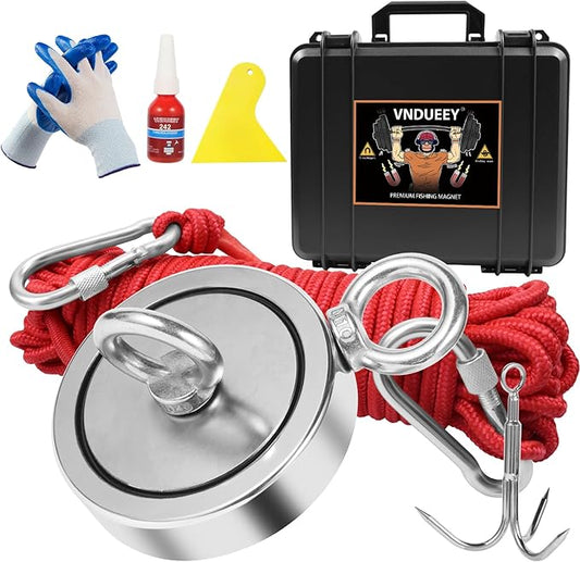 VNDUEEY 1725 Lbs Complete Magnet Fishing Kit, Fishing Magnet Kit with Carry Case, Heavy Duty 65FT Rope, Grappling Hook, Gloves & Locking Carabiner - Strong Magnets for Treasure Hunting