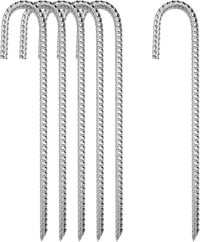 12 Inch Rebar Stakes Heavy Duty, 6 Pack Garden Stake J-Hook, Galvanized Rust Proof Metal Stakes for Tent, Landscape,Outdoor Decorations, Fabric Ground Cover, Tube Fixing (Silver, J-12in-6pc)