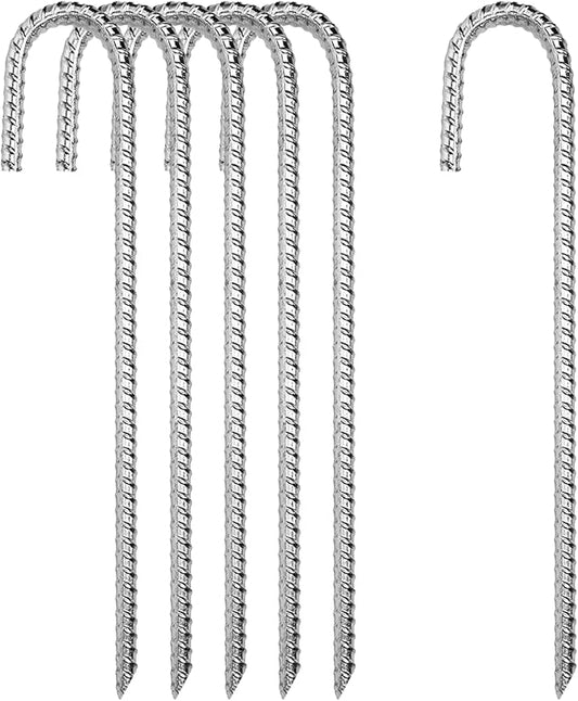 12 Inch Rebar Stakes Heavy Duty, 6 Pack Garden Stake J-Hook, Galvanized Rust Proof Metal Stakes for Tent, Landscape,Outdoor Decorations, Fabric Ground Cover, Tube Fixing (Silver, J-12in-6pc)
