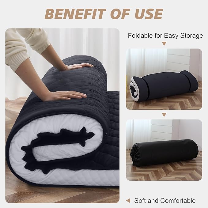 Twin Size Futon Mattress - Extra Thick Foldable Japanese Floor Mattress - Memory Foam Sleeping Pad for Adults - Tatami Mat Suitable for Camping & Guest -Diamond Black