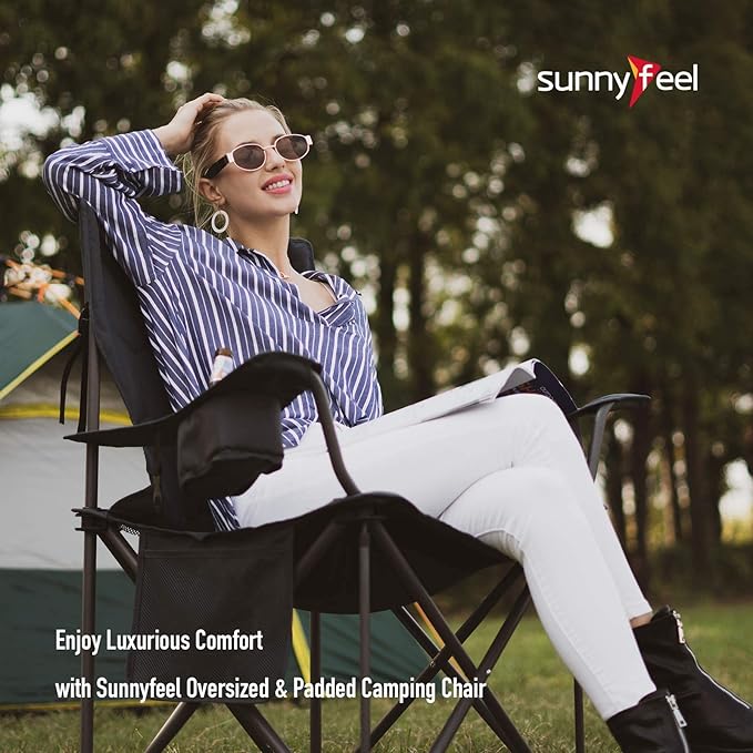 SUNNYFEEL XXL Oversized Camping Chair Heavy Duty 500 LBS for Big Tall People Above 6'4 Padded Portable Folding Sports Lawn Chairs with Armrest Cup Holder & Pocket for Outdoor/Travel/Picnic/Camp
