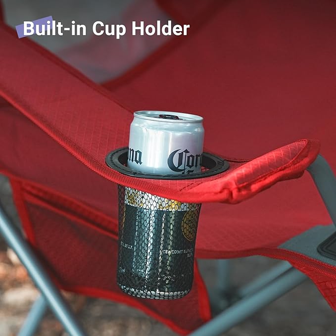 Camping Chairs Lawn Portable Foldable Camp Folding Lightweight Chair for Adults with Drink Holder and Cooler Pouch Outdoor for Camping, Lawn, Sports, Picnic, Beach, Music Festival, Red