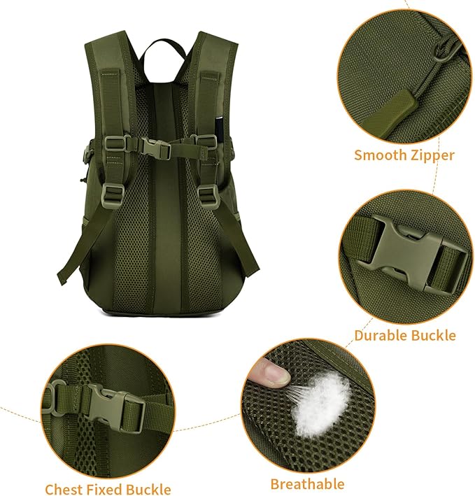 HUNTVP 10L Tactical Backpack Small Backpack Mini Daypack Military MOLLE Rucksack Gear Tactical Assault Pack Bag for Hunting Camping Trekking (10L-Army Green)