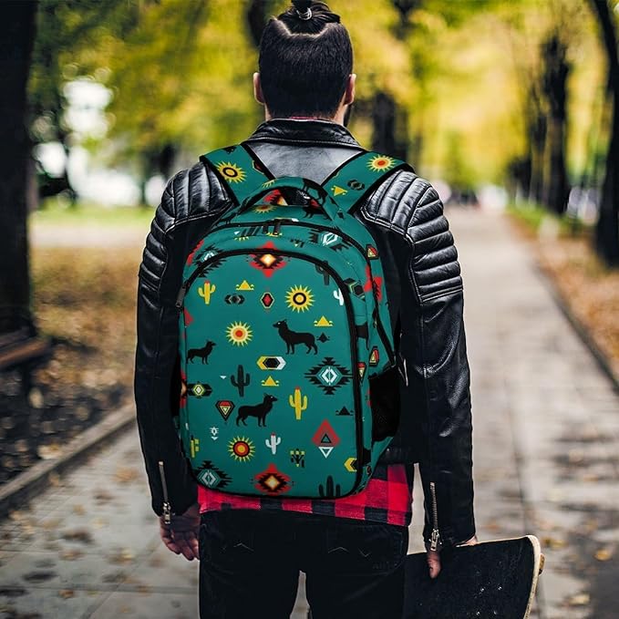 Casual Lightweight Laptop Backpack Southwestern Native American, Cute Travel Daypack with Tumbler Holder for College Nurse Teacher Work Commute