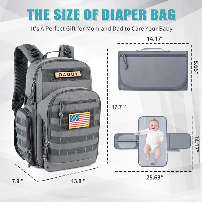 SHARKMOUTH Military Diaper Bag for Dad: Large Insulated Baby Bag with MOLLE System & Changing Pad for Active Dads - 900D Polyester for Outdoor Travel Camping Park Trips