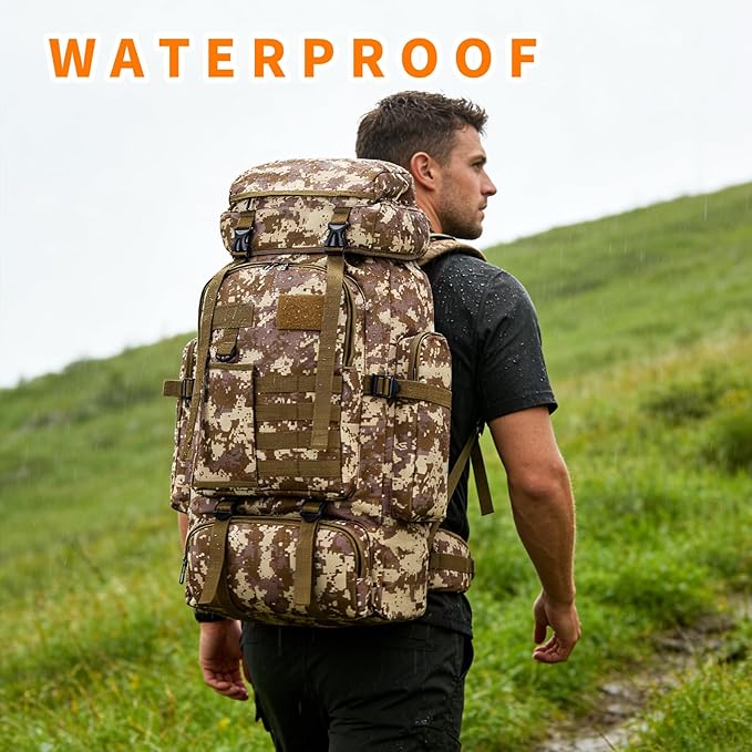 Hiking Backpack Tactical Backpack for Men Women, 80L Military Backpack Rucksack Waterproof Large Travel Camping Backpack for Men, Molle Rucksack Outdoor Travel Cycling Daypack (Desert Camo)