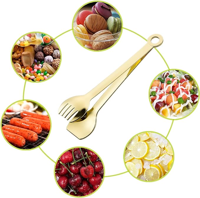 MSY BIGSUNNY Mini Appetizer Tongs Stainless Steel Set of 4, Metal Small Serving Tongs, 6 Inch(15.2cm, Golden)