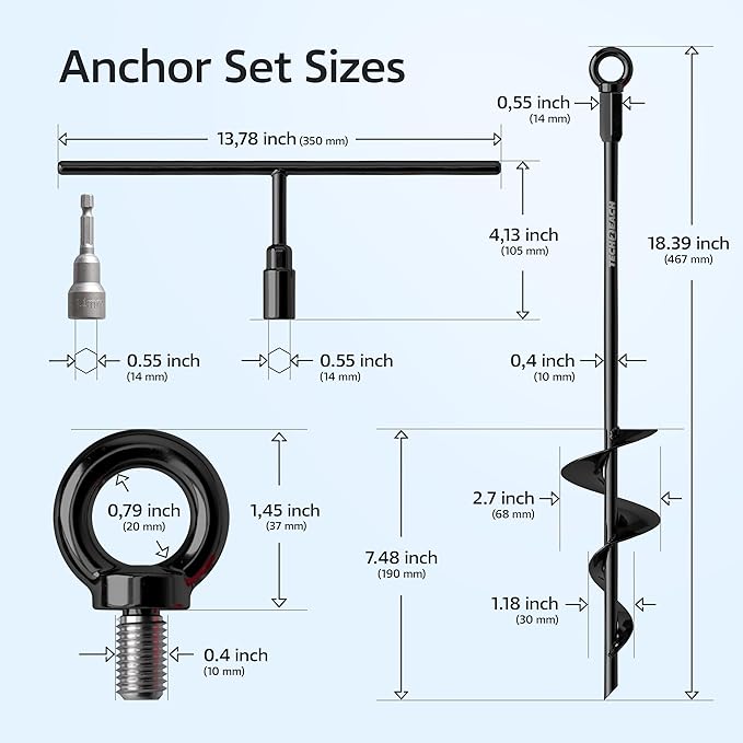 Ground Anchor Heavy Duty 18 inch - Earth Anchor Screw in Kit 4 Pack - Tie Down Swing Set Anchors - Auger Spiral Trampoline Stakes High Wind - Camping Carport Canopy Tent Stakes for Tree Shed Sand