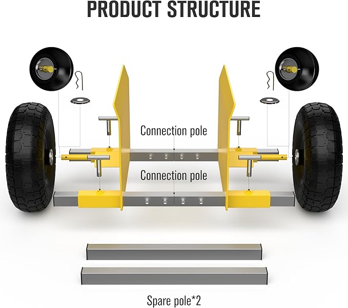 Yellow Heavy Duty Panel Dolly, Adjustable Width Door Dollys with Wheels, 9.3" Solid Rubber Tires and 2 Spare Pole, All-Terrain Movement for Heavy Drywall Sheet & Door Material, 1000LBS