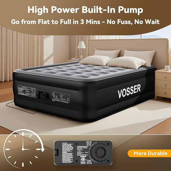 Air Mattress Full with Built in Pump,18’’Raised Blow Up Mattress,Self Inflatable Mattress in 3 Mins,Portable Air Bed for Home,Floor&Travel,Full Size Air Mattress for Adults 660LB Max,Black