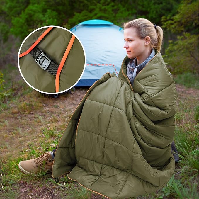 Outdoor Puffy Camping Blanket, Lightweight Down Alternative Puffy Printed Camping Large Ultra Warm Hammock Top Quilt Waterproof Blanket for Traveling Picnic Beach Party Cold Weather (Olive)