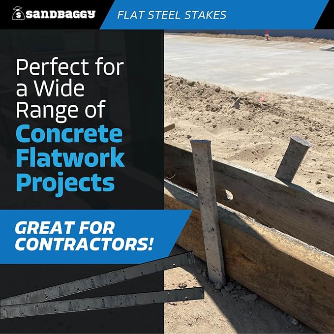 Sandbaggy Flat Steel Stakes for Concrete Forms with Nail Holes - 1.5" Wide - Painted - Removable, Reusable, V Point End - Construction Grade Stakes (10, 60 inch)