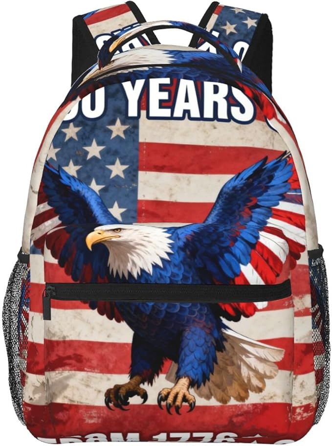 Women Men Polyester 250th Anniversary 1776-2026 Patriotic Eagle Art Casual Daypack Large Capacity Bookbag With Side Pockets for Sports Picnic Walking Cycling