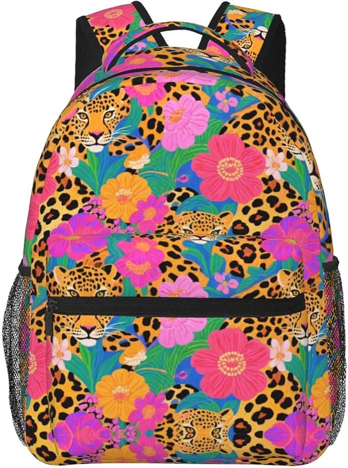 Men Women Polyester Red Floral Leopard Cheetah Art Daypack Big Capacity Shoulder Bag With Smooth Zippers for Hiking Work Walking Cycling