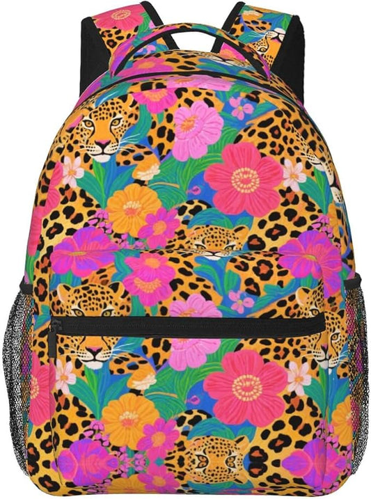 Men Women Polyester Red Floral Leopard Cheetah Art Daypack Big Capacity Shoulder Bag With Smooth Zippers for Hiking Work Walking Cycling