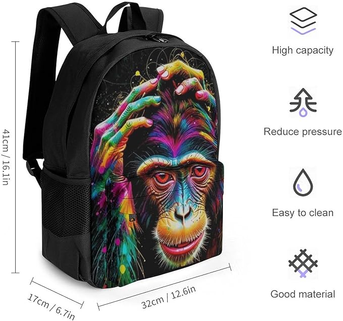 Polyester Daypack Backpack for Climbing Outdoors Running, Big Capacity Multipurpose Anti-Theft Bookbag, Clever Animals Monkey Art Travel Hiking Camping Rucksack