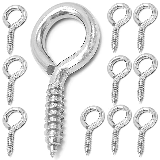 M6 10 Pcs 304 Stainless Steel Screws Eye,2.56 Inch Screw Self Tapping Eye,Load Bearing 200LB, Duty Eye Bolt for Wood Securing Cables Wire,Indoor & Outdoor Use (10, M6 2.56 Inch)