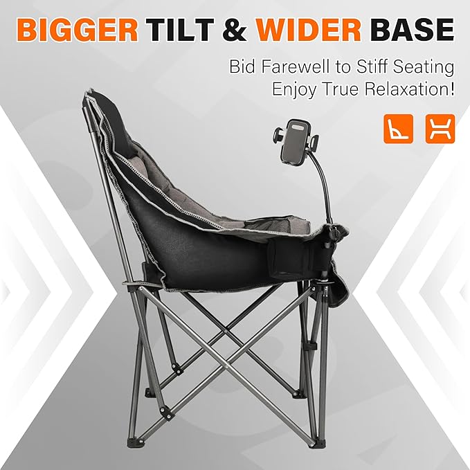 Camping Chairs for Adults-Oversized Extra Large Lawn Chair,Folding Comfy Padded Chair w/Phone Holder,Side Pocket,Cup Holder for Outdoor,Wide&Thick,Heavy Duty 400Lbs,Black