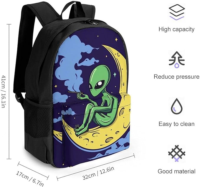 Supdreamc Rucksacks Lightweight Multipurpose Anti-Theft Funny Alien Moon Sky Shoulder Bag Big Capacity Laptop Book Bag Rucksack With Padded Straps