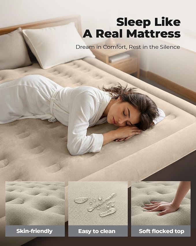 Air Mattress Full with Built in Pump,18'' Raised Blow Up Air Bed, 3 Mins Quick Self-Inflation/Deflation Inflatable Bed for Guests & Home, Outdoor Camping, 600lbs Max（Light Brown）