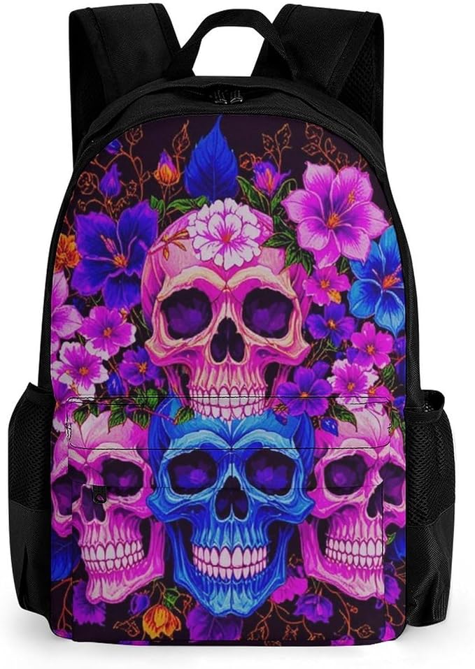 Lightweight Backpack for Gym Travel Bicycle, Big Capacity Multipurpose Anti-Theft Carry On Bag, Purple Psychedelic Mexican Sugar Skulls Day Of The Dead Floral Flowers Travel Hiking Bag Day Pack