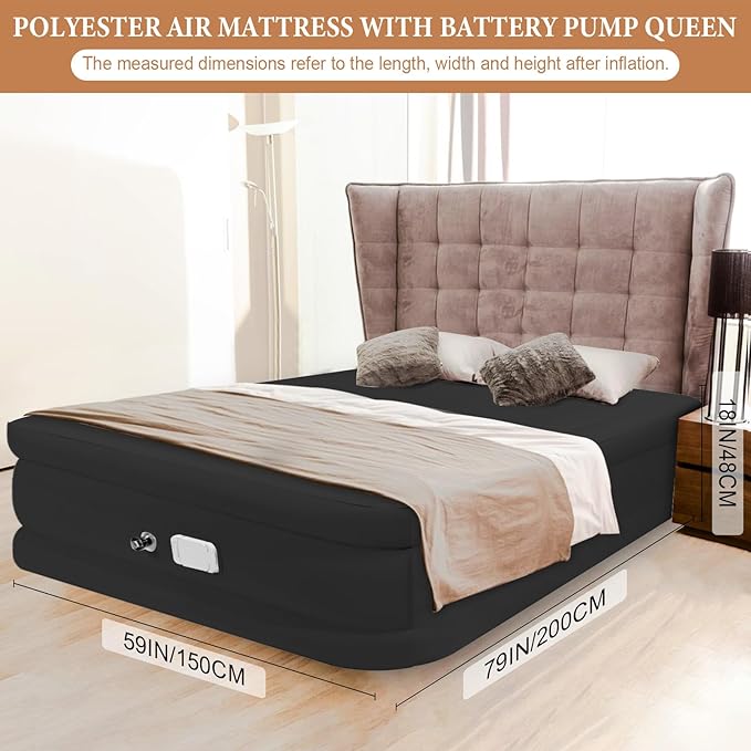 Queen Size Air Mattress with Built-in Pump - 18" Height, 1200LBS Capacity, USB-C Rechargeable Pump Air Bed, for Indoor Outdoor Camping Use in Black