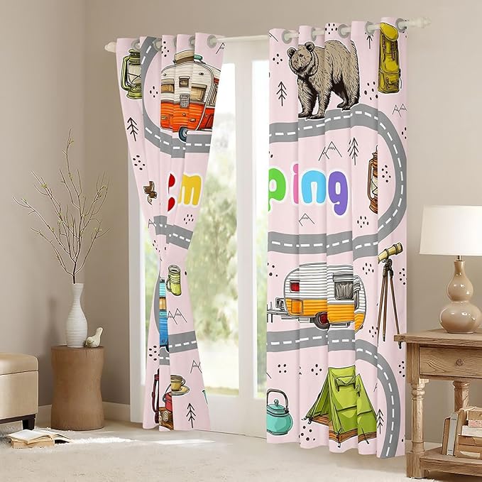 Feelyou Cute Pink Rv Camping Camper Curtains for Bedroom Living Room Wildlife Animal Bear Blackout Darkening Drapes Happy Camping Window Treatments, 2 Panels 42 x 84 Inch Room Decor