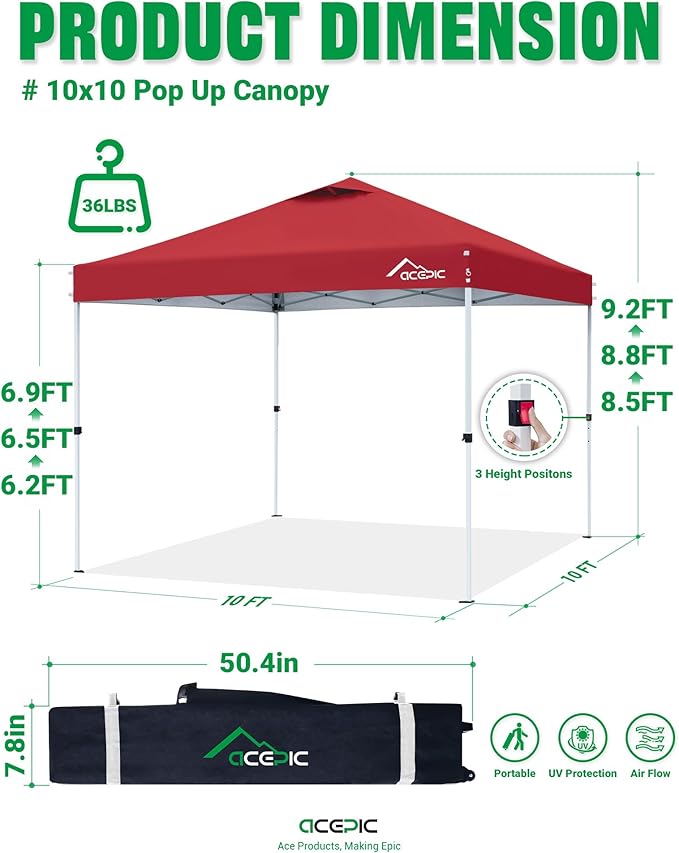 10x10 Pop Up Canopy Tent,300D Silver-Coating Top,Pop Up Canopy Tent Instant Portable Shelter with 1-Button Push and Wheel Carry Bag, 8 Stakes and 4 Canopy Weights (Lava Red, 10x10)