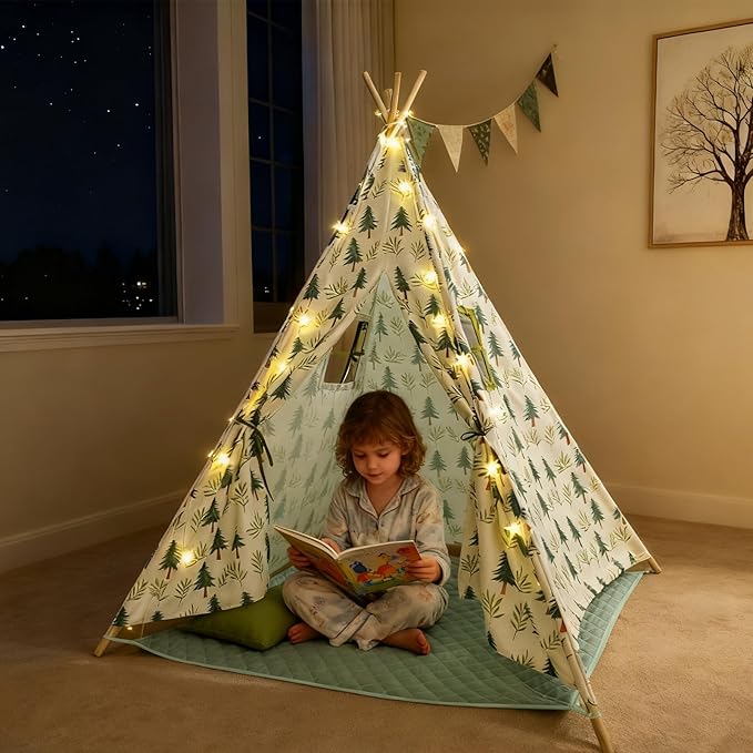 Forest Teepee Tent for Kids Indoor & Outdoor Play Tent Playhouse with Mat&Light, Peach-Skin Fabric, Solid Pine Poles, Nature-Inspired Hideaway Toddler Tents for Boys & Girls,Kids Room Decor Sleepover