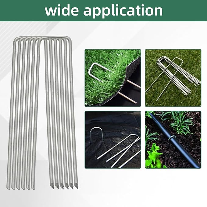 201Pcs 6 Inch 11 Gauge Garden Stakes Staples Kit, 100Pcs U-Shaped Landscape Staples and 100Pcs Fixing Gasket with 1Pc Pick Hook for Weed Barrier Fabric, Groud Cover, Holding Fence