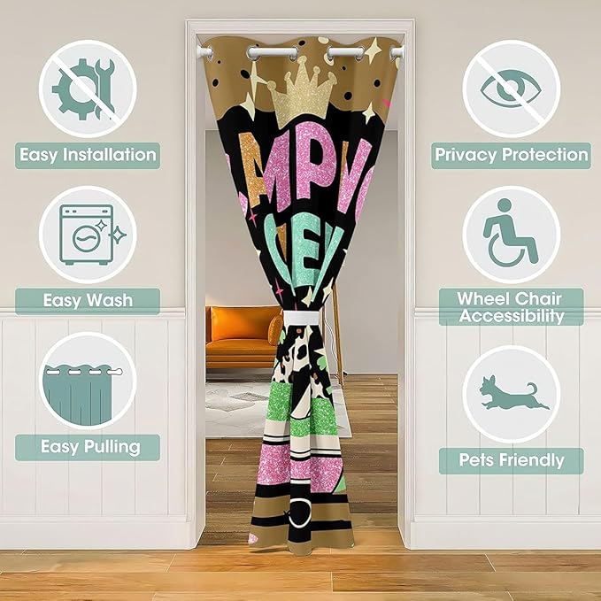 Cartoon Camper Kids Door Curtain,Crown Leopard Starry Princess Blackout Curtain,Rustic Pine Tree RV Trailer Bedroom Doorway Living Room Decor,Pink Green Privacy Door Drape 1 Panel,52" W X 80" L