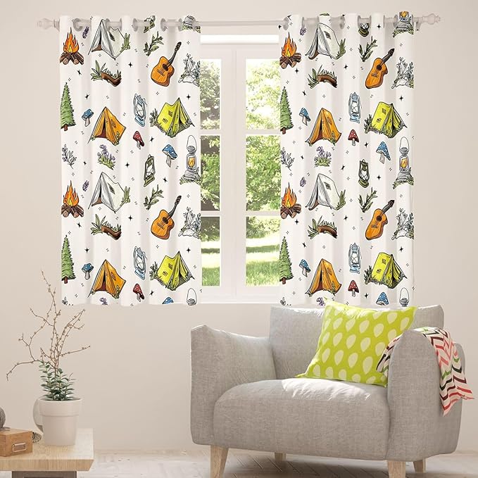 Feelyou Camping Camper Blackout Curtains Campfire Music Guitar Darkening Drapes for Bedroom Living Room Decor Happy Camping Thermal Insulated Shades Window Treatments, 2 Panels 42 x 63 Inch