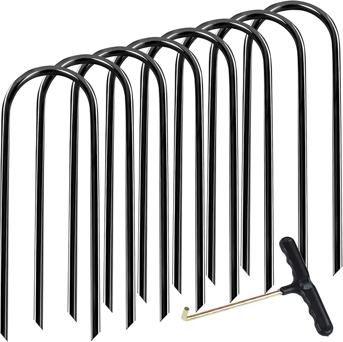 8Pcs Trampolines Wind Stakes, 12 Inch Landscape Staples, Heavy Duty Trampoline Anchors, U-Shaped Garden Stakes, Ground Stake with T Hook for Soccer Goals Trampoline Camping Tents (Black)