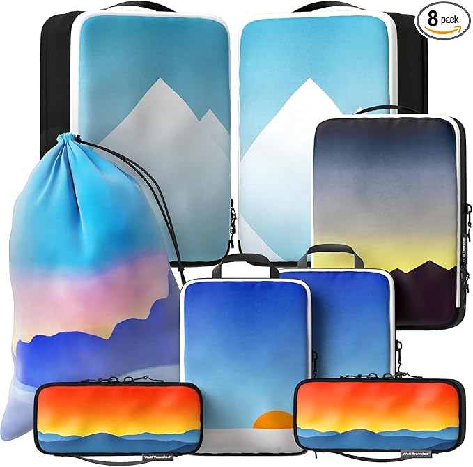 Well Traveled 8 pcs Compression Packing Bags Cubes Set with HybridMax Double-Capacity Design - Packing Cubes for Travel Compression to Maximize Limited Luggage Space, Vista