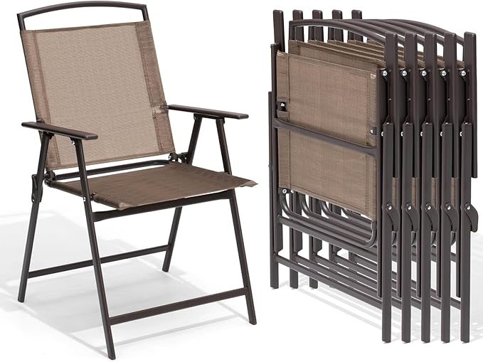 Crestlive Products Patio Folding Chairs Set of 6, Outdoor Folding Chairs with Durable Rust-Resistant Frame and Breathable Textilene Material for Outside, Brown