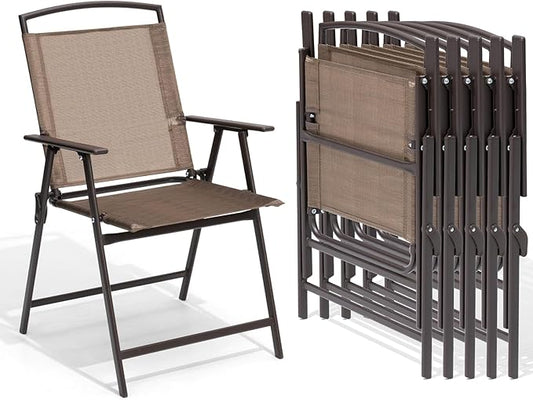 Crestlive Products Patio Folding Chairs Set of 6, Outdoor Folding Chairs with Durable Rust-Resistant Frame and Breathable Textilene Material for Outside, Brown