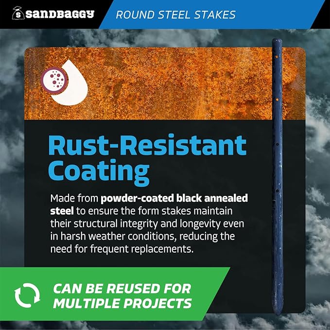 Sandbaggy Round Steel Concrete Form Stakes with Nail Holes - Rust Resistant Coating - Removable, Reusable (50, 3/4 in X 18 in)