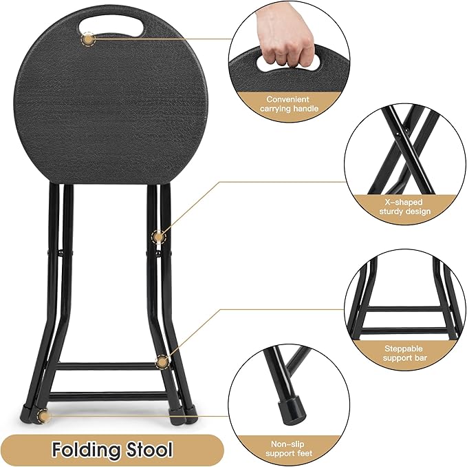 Set of 4 Folding Stool, Foldable Stool with Handle, Portable Stools for Adults Heavy Duty, Folding Chair Outdoor/Indoor, 18 inch Collapsible Stool for Meeting Room/Party/Garden/Home (Black)