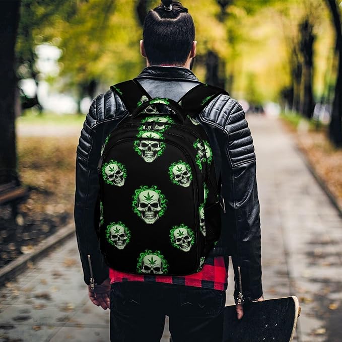 Nurse Teacher Laptop Backpack Skull WeedLeaf Leaves Green Black, Cute Travel Backpack Purse with Tumbler Holder for Women College Work Commute