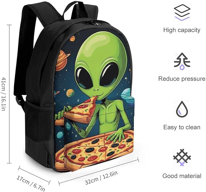 Polyester Daypack Backpack for Sports Travel Running, Big Capacity Anti-Theft Multipurpose Carry On Bag, Funny Space Dj Alien Eating Pizza Art Laptop Book Bag Rucksack