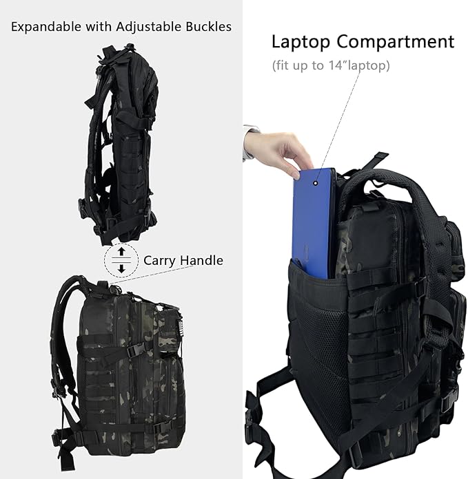 WOLT Military Tactical Backpack for Men 45L Molle Backpack 3 Day Assault Pack Bug Out Bag, Heavy Duty Rucksack for Hiking Gym, Camouflage Black